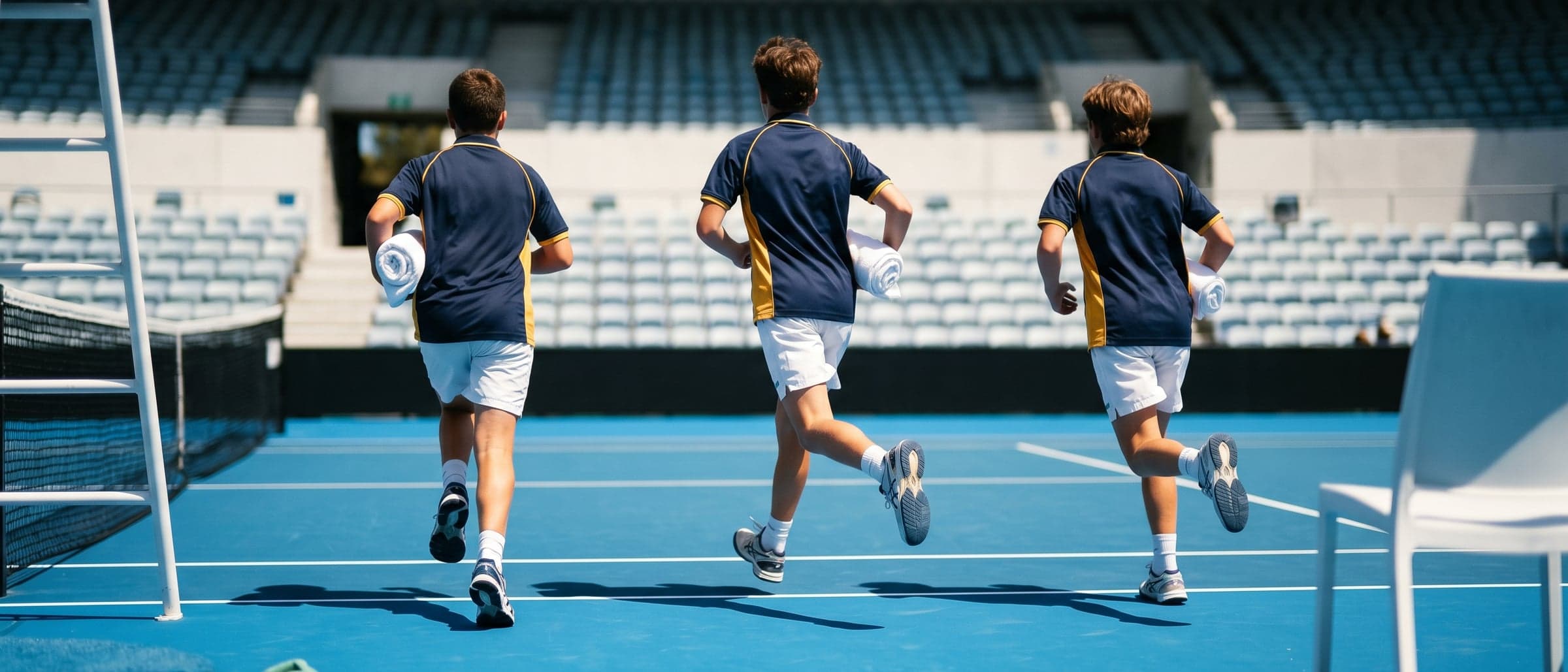 Three ball-kids in navy-and-gold uniform sprint in formation across a cobalt-blue hard court between points, white towels under their arms, empty stadium seats behind.